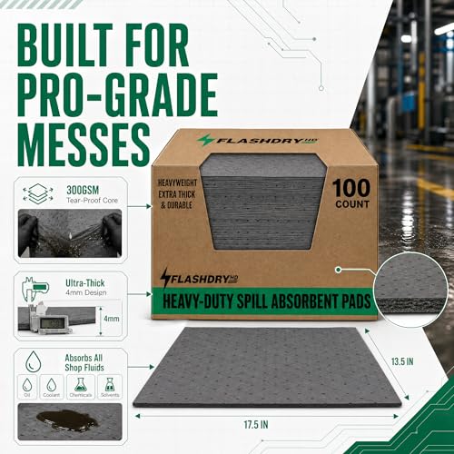 Image of FLASHDRY Universal Heavy Duty Spill Absorbent Pads, Chemical & Oil Absorbing Pads 100 Pack - 300GSM /4mm for Garage, Workshop, Automotive, and Industrial Use - 17.5 inchx13.5 inch Perforated, Dispenser Box