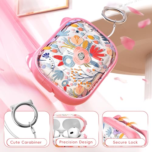 Image of for AirPods Pro 2 Case with Cleaning Kit, Cute Cat Ear Print Design & Cute Buckle for Girls, Phone Holder & Top Safe Lock Buckle Design for AirPods Pro 2nd /1st Gen case, Clear Flowers