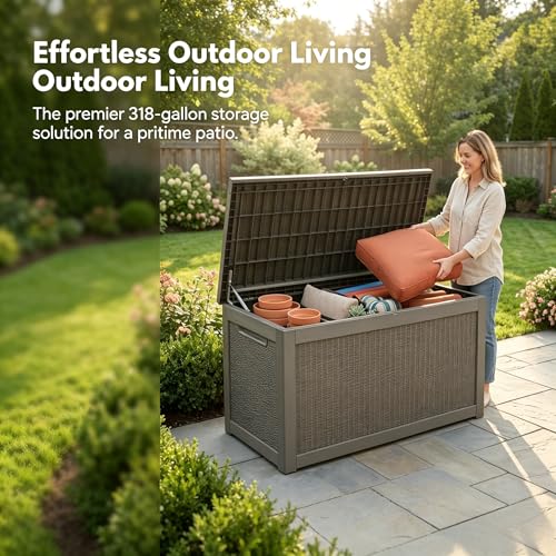 Image of 318 Gallon Large Resin Deck Box - Waterproof Outdoor Storage Chest for Patio Cushions, Garden Tools & Pool Supplies, UV-Resistant All-Weather Construction, Lockable Lid & Hydraulic Rods, Easy Assembly