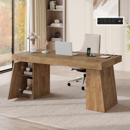 Weiplehoom 55.9-Inch Executive Desk with 2 Storage Cabinet, Mid-Century Modern Home Office Desk with Power Outlets, Wood Computer Desk Business Workstation for Working, Writing, Studying (Oak)