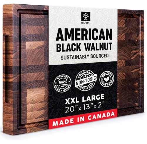 Comparison: Best Cutting Board In Canada 8 Mevell Walnut End Grain Cutting Board for Kitchen, Reversible Extra Large Wooden Butcher Block With Juice Grooves, Made in Canada (Walnut, 20x13x2)