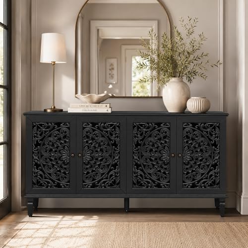 Image of Black Buffet Cabinet with Carved Doors, Black Accent Cabinet, Sideboard Buffet Cabinet with Storage Shelves, Vintage Cabinet for Dining Room, Living Room & Entryway