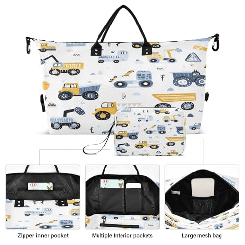 Travel Duffle Bag Weekender Bags Overnight Bag with Toiletry Bag Gym Duffel Bag Yellow Blue Build Construction Transport Car for Travel Business Trips Sport2
