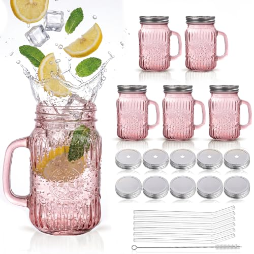 DaYammi 16 oz Mason Jars with Lids and Straws 6 Pack Pink Vintage Drinking Glasses Leak Proof Iced Coffee Cups for Daily Use & Party