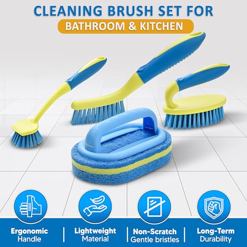 Image of Scrub Brush Set for Bathroom Kitchen Bathtub Toilet Deep Cleaning Brush Tools All Purpose Cleaner Sponge Scrubbing Brushes with Ergonomic Handle, 4-Piece