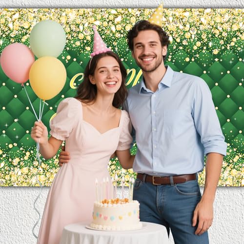 Image of Birthday Decorations Backdrop 8 x 6 ft Green Golden Happy Birthday Banner Large Birthday Party Background for Men Women Kids Photo Shoot Supplies (Green-Birthday, 8 * 6 ft)