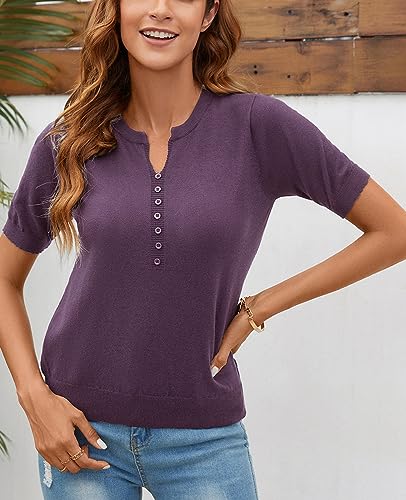 Image of Women Summer Knit Shirt Blouse V Neck Short Sleeve Pullover Sweater Tops