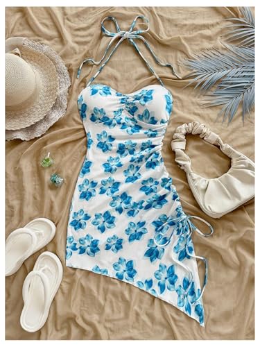 Image of Floerns Women's Floral Print Halter Dress Sleeveless Drawstring Asymmetrical Hem Bodycon Dress