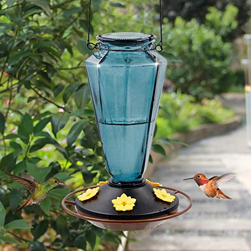 Juegoal Glass Hummingbird Feeders For Outdoors - 22 Oz Wild Bird Feeder 5 Feeding Ports, Diamond Shaped Metal Handle Hanging For Garden Tree Yard Outside Decoration, Gray-Blue #TOP5