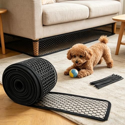 ペット 子供用 ソファ下ブロッカ ー 3.9インチ 切断可能なメッシュナイロン ベッド下ブロッカ ー 猫と犬用 ギャップバリアストッパー アイテムの紛失防止 32.8フィートロール ブラック 結束バンド20本付き [5]
