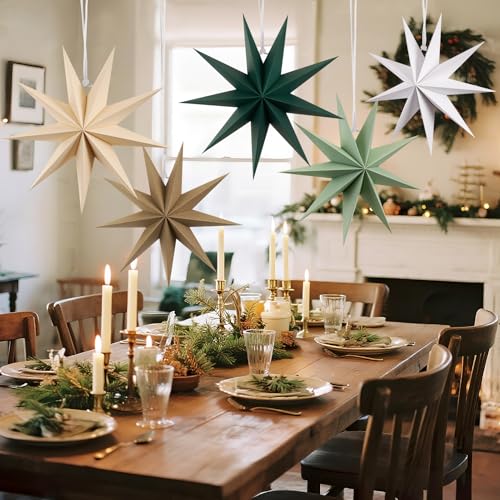 Image of SUNBEAUTY Sage Green 9-Pointed 12 Inch Paper Star Lanterns Christmas Hanging Lamp Paper Decorations Shade Wedding Birthday Christmas Home Party Decorations