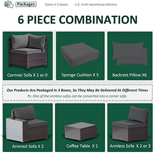 Image of 6 PCS Outdoor Patio Furniture Set,Outdoor Sectional Furniture All Weather PE Rattan Wicker Patio Conversation Set with Coffee Table and 5 Thickened Cushions,Grey