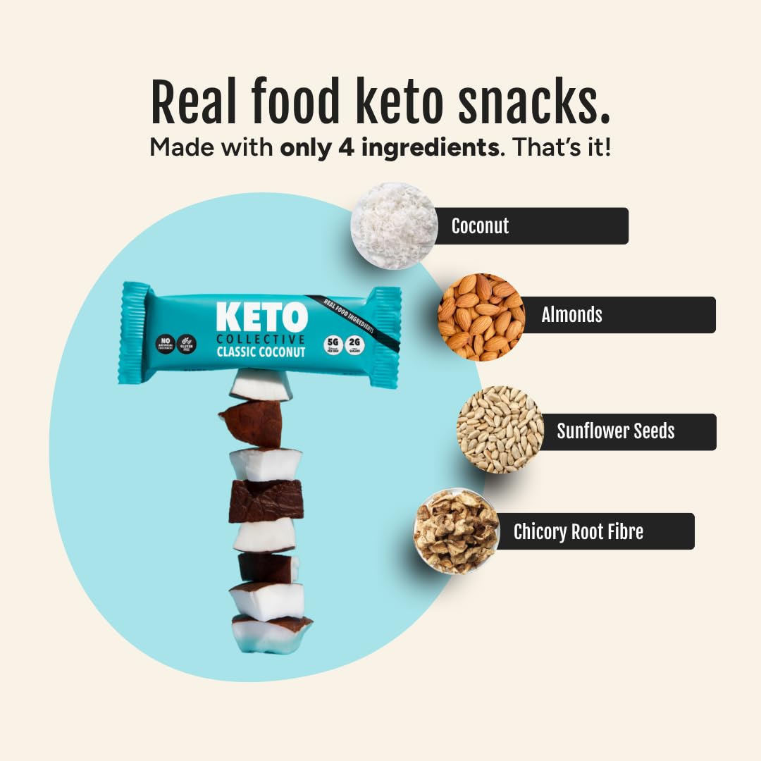 Keto Collective Barres Keto - NOUVELLE RECETTE - 15x40g | 3g de Glucides Nets | Snacks Cetogene | Haute en Fibres | Ingrédients Naturels | Snacks Keto | Sans Gluten | Vegan