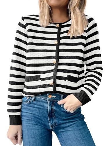 ANRABESS Womens Cardigan Sweater Long Sleeve Button Down Lady Tweed Knit Jackets 2025 Fall Outfits White Black Strip Large