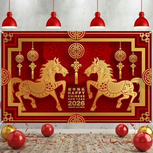 Chinese New Year Backdrop Lunar New Year Backdrop 71x43 Inch Chinese New Year Decorations Banner Year of The Horse 2026 and Spring Festival Party Supplies Photo Background