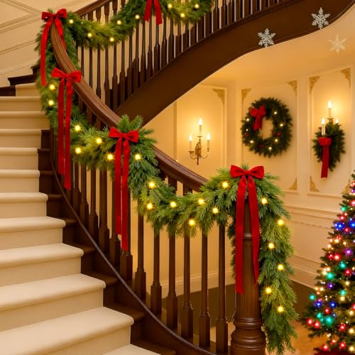 Suncalla 6 ft Christmas Cedar Garland with Red Bow, Artificial Lighted Pine Garlands with White Lights, Battery Operated Real Touch Artificial Faux Greenery for Stairs Holiday Indoor Outdoor Decor