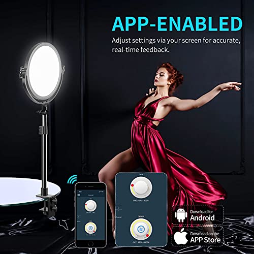 Image of GVM Desk Mount LED Video Light, 10'' Round Key Light with Built-in Diffuser and LCD Display, Bi-Color Professional Light for Game /Studio /Streaming /YouTube Video Shooting, APP Control CRI 97+