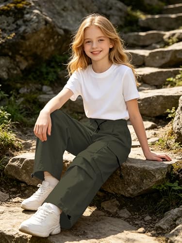 Image of SANGTREE Girls Parachute Pants Loose Lightweight Drawstring Waist Hip Hop Cargo Pants,6-16 Years