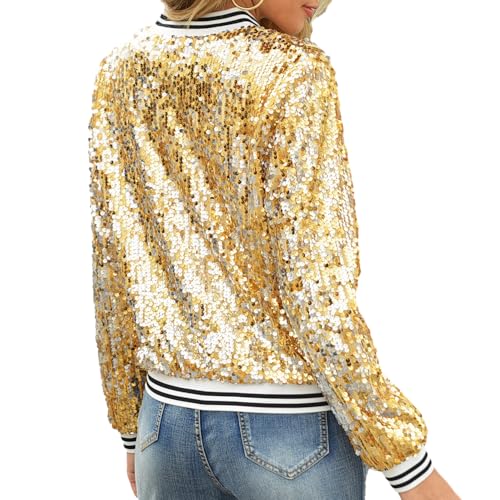 Women Sequin Jacket Long Sleeve Front Zipper Ribbed Blazer Bomber Jacket3