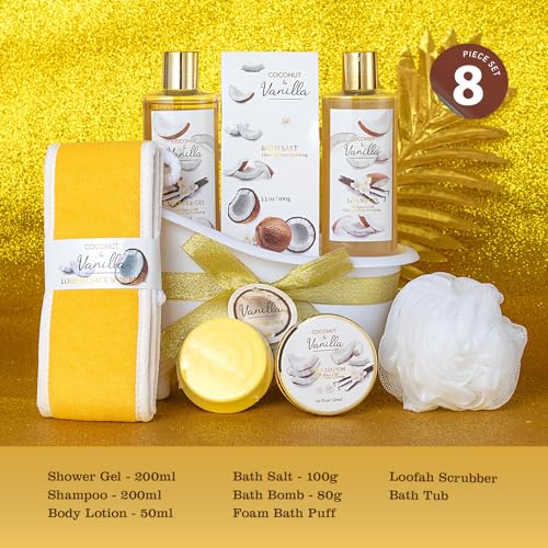 Image of Mothers Day Gifts for Women and Men - 8-Piece Bath Kit Coconut Vanilla Bath & Body Gift Set for Women Self Care Spa Gift Baskets | Perfect Gifts for Mom, Birthday Gift, All Occasion Holiday Present