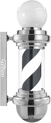 Luz de poste de peluquería de 20 pulgadas, mini letrero giratorio en blanco y negro plateado, montaje en pared, ahorra energía