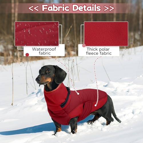 Image of BRKURLEG Dog Winter Coat with Harness Built in, Warm Jacket for Small Medium and Large Dogs, Windproof Turtleneck Fleece Dogs Snowsuit with Hook & Loop, Reflective Christmas Dog Jacket, Red L