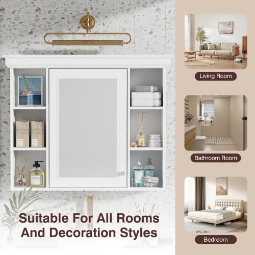 35'' x 28'' White Wall Mounted Bathroom Storage Cabinet with Mirror Door