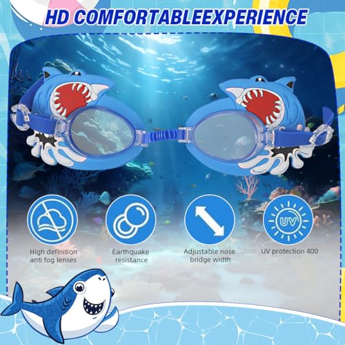 Image of PROBEROS Kids Swimming Goggles - Anti-Fog UV Protection, Adjustable Silicone Seal for Leak-Free Fit, Cartoon Shark Design with Free Ear Plugs & Case (6-12 Years)