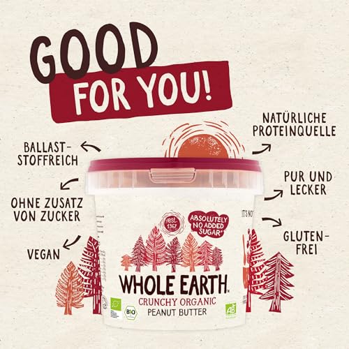 Whole Earth Bio Erdnussbutter Crunchy | Peanut Butter | Vegan | Naturprodukt ohne Palmöl | ohne zugesetzten Zucker | Protein | Perfekt für Sportler | 1kg