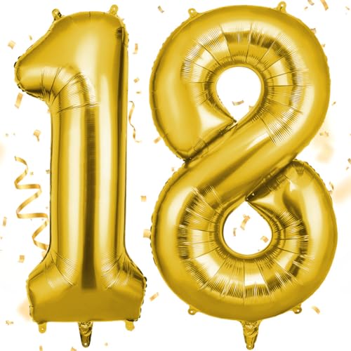 OFFCUP Gold Number 18 Balloons 40 Inch Large Foil Number 1 & 8 Balloons Self Inflating 18th Birthday Balloon for 18 Year Boys Girls Men Women Anniversary Birthday Party Decorations Supplies