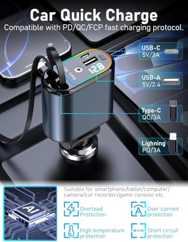 Image of SUPERONE 120W Retractable Car Charger, 4-in-1 Ultra-Fast Car Mobile Charging Station with Built-in Type-C & iOS Compatible Devices, 180 Rotating Adjustable Design with Dual USB Ports & LED Light