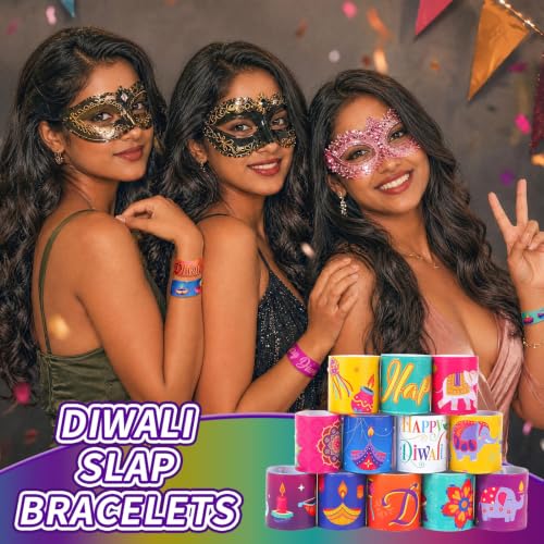 Image of JUNEBRUSHS 56 PCS Diwali Slap Bracelets Bulk Indian Party Favors Happy Diwali Gifts Classroom Rewards Colorful Lantern Rubber Wristbands Goodies Treat Bag Fillers
