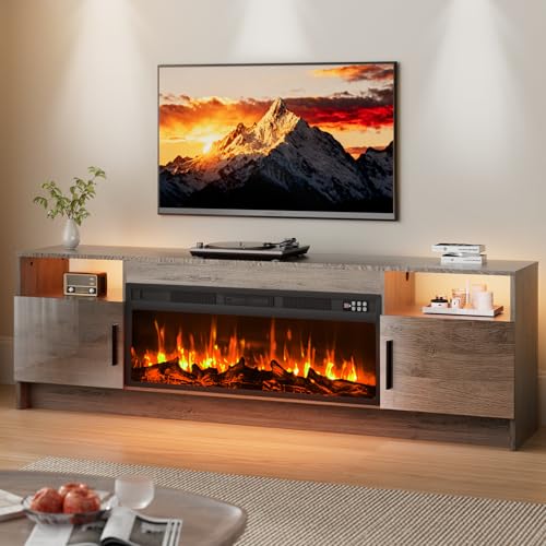 EAG 70" Electric Fireplace TV Stand with 36 inch Fireplace Up to 80" TVs, Entertainment Center with with Storage Cabinet & LED Lights, Modern Media Console for Living Room, Gray