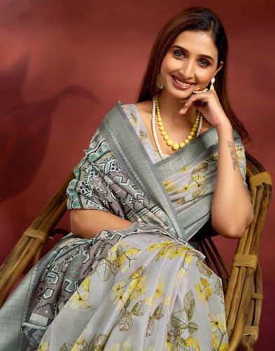 Image of SIRIL Women's Dola Silk Printed Jacquard Border Ready To Wear Saree with Unstitched Blouse Piece