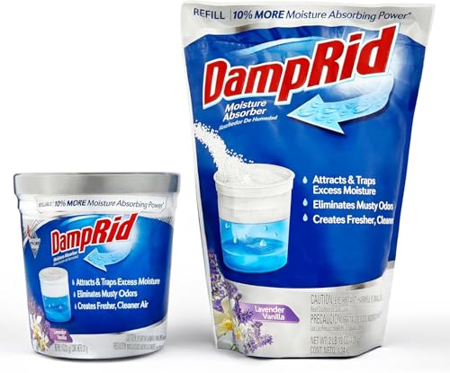Damp Rid Moisture Absorber Refillable System 44oz Damp Rid Refill Bag with 11oz Cup Odor and Moisture Absorber for Closet Bathroom & Home Lavender Vanilla ILIOS Packaging