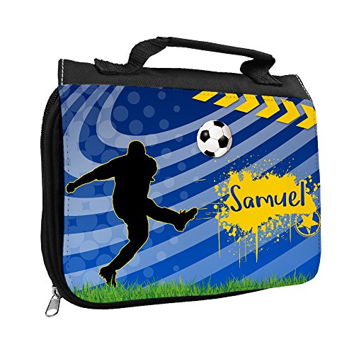 Kulturbeutel mit Namen Samuel und Fußball-Motiv für Jungen | Kulturtasche mit Vornamen | Waschtasche für Kinder