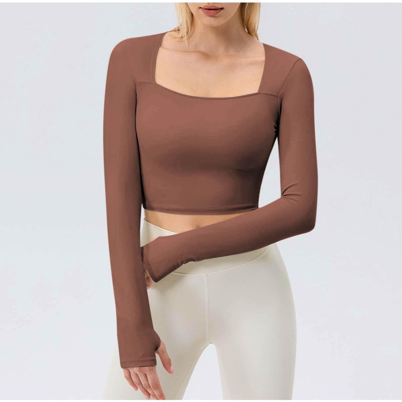 Womens Square Neck Long Sleeve Workout Tops Lightweight Running Athletic Shirts Yoga Cropped T Shirts with Thumb Hole Brown