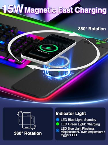 Image of XXL RGB Gaming Mouse Pad with 15W Magnetic Wireless Charger | 31.5'' x 15.8'' Extra Large LED Desk Mat, 24 Light Effects, Non-Slip Rubber Base, Waterproof Easy Gliding Surface