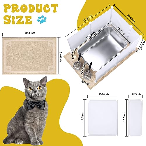 Pinkunn 2 Set Stainless Steel Cats Litter Box Large Metal Litter Box with 2 Cat Litter Scoop, 12 Litter Splash Shield and 2 Cat Litter Mat, Never Absorbs Odor (Cream White, 23.6 x 15.7 x 5.9 Inch)