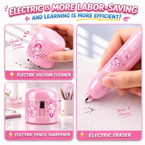 Image of Magicwand Battery Operated Pencil Sharpener,Electric Eraser,Vacuum Cleaner Stationery Set with 10 Eraser Refills for Kids,Adults for Home Office School【Crane Pink】