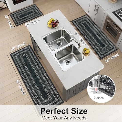 HEBE Washable Kitchen Rugs Sets of 3, Non Slip Absorbent Kitchen Rugs and Mats, Farmhouse Stain Resistant Faux Jute Kitchen Mat Carpet Runner for Kitchen Floor, Laundry Room, Hallway, Black/Grey