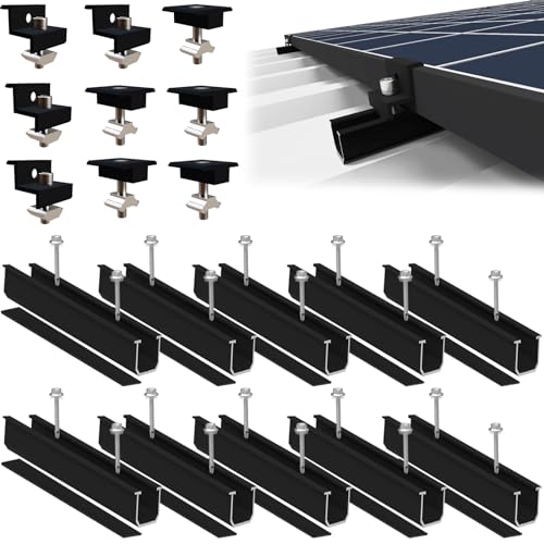 Sorlpv Solarmodul Halterung für 4X Module, PV Halterung Montageset - 12CM Schwarze Schiene + Verstellbare Klemme für 30-35MM Dicke Module, Alu Solarpanel Halterung Flachdach Trapezblech Blechdach