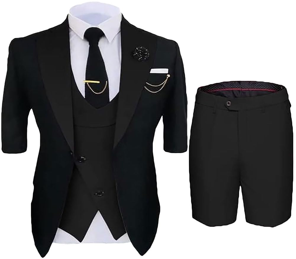 Botong Mens Short Blazer Suits for Summer Lightweight Groomsmen Tuxedos for Beach Wedding One Button Prom Suit Black 52 Chest / 46 Waist