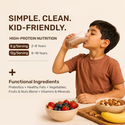 Image of Miduty Kids ProGrow+ Hazelnut Cocoa | Kids & Teens Protein Shake for Growth, Daily Nutrition & Active Recovery | 12g Protein for 8-18 Years | FOS & Inulin, Vitamins & Minerals, Vegetables, Fruit & Nut Blend | Natural Hazelnut Cocoa Flavor - 350g