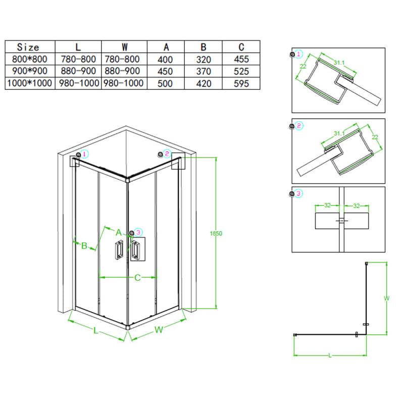 Belvit® Duschkabine Eckdusche 100x100x200 cm mit Schiebetüren | mit Duschwanne, 4 mm ESG Klarglas, verchromte Profile, Antikalk Nano Beschichtung, Duschabtrennung Eckeinstieg