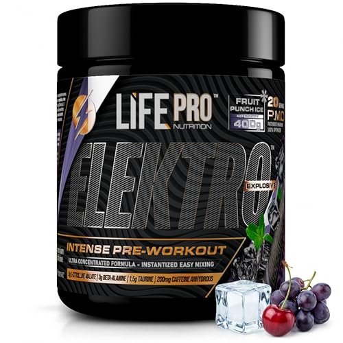Pre Entreno Life Pro Elektro 400g - Pre Workout con Citrulina Malato 8000mg, Beta Alanina 3000mg, Taurina 1500mg y Cafeína 200mg - Preentreno gimnasio fuerte - Energía y Rendimiento (Fruit Punch)