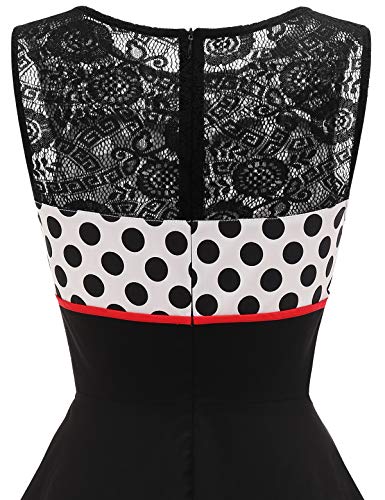 Bbonlinedress Women's 50S Vintage Dress Polka Dot Floral Lace Retro Rockabilly Sleeveless Round Neck Cocktail Party Swing Dress White Black Bdot L #TOP6