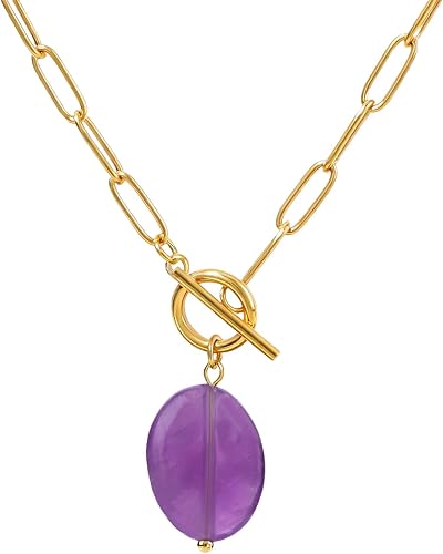 TaYolnFaSo Amethyst Pendant Paperclip Toggle Necklace for Women 18k Gold Plated 