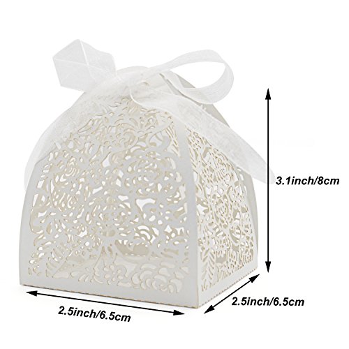 Kposiya Pack Of 100 Laser Cut Rose Candy Boxes, Favor Boxes 2.5"X 2.5"X 3.1", Gift Boxes Bridal Shower Anniverary Birthday Party Wedding Favor (100,White) #TOP4