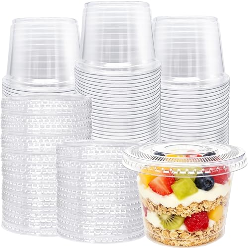 Alaeseje 100 Pack 8oz Plastic Cups with Flat Lids(Hole in the Lid) Disposable Clear Cups Clear Crystal Dessert Cups for Parfait Fruit Snacks Yogurt Jelly Ice Cream Cold Drinks